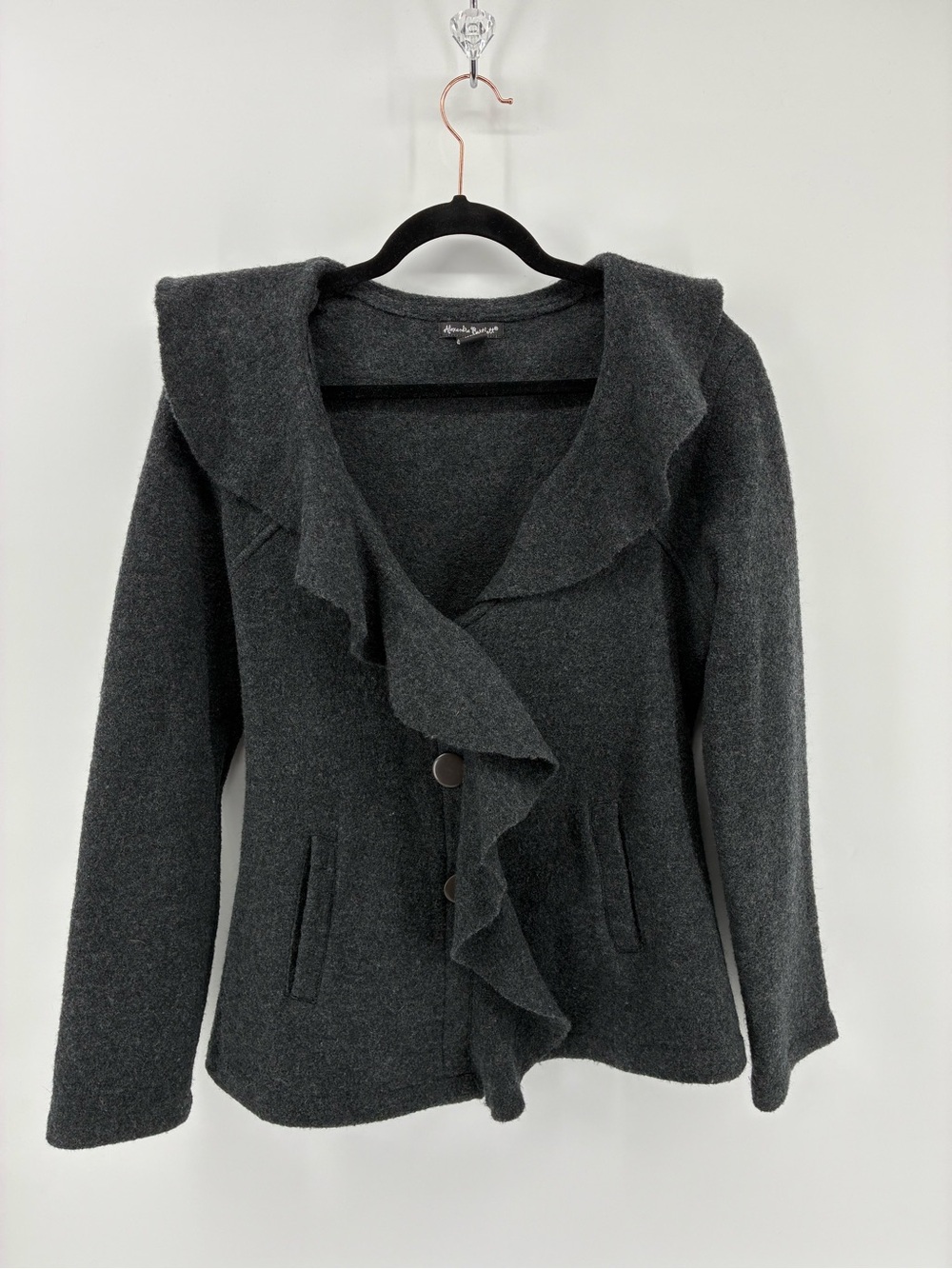 Alexandra Bartlett 100% Boiled Wool Charcoal Ruffled Cardigan